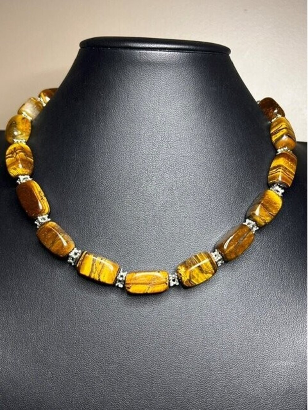 B7197 Vintage Tiger's Eye Gemstone Necklace Barrel Beads Silver Tone 17" boho